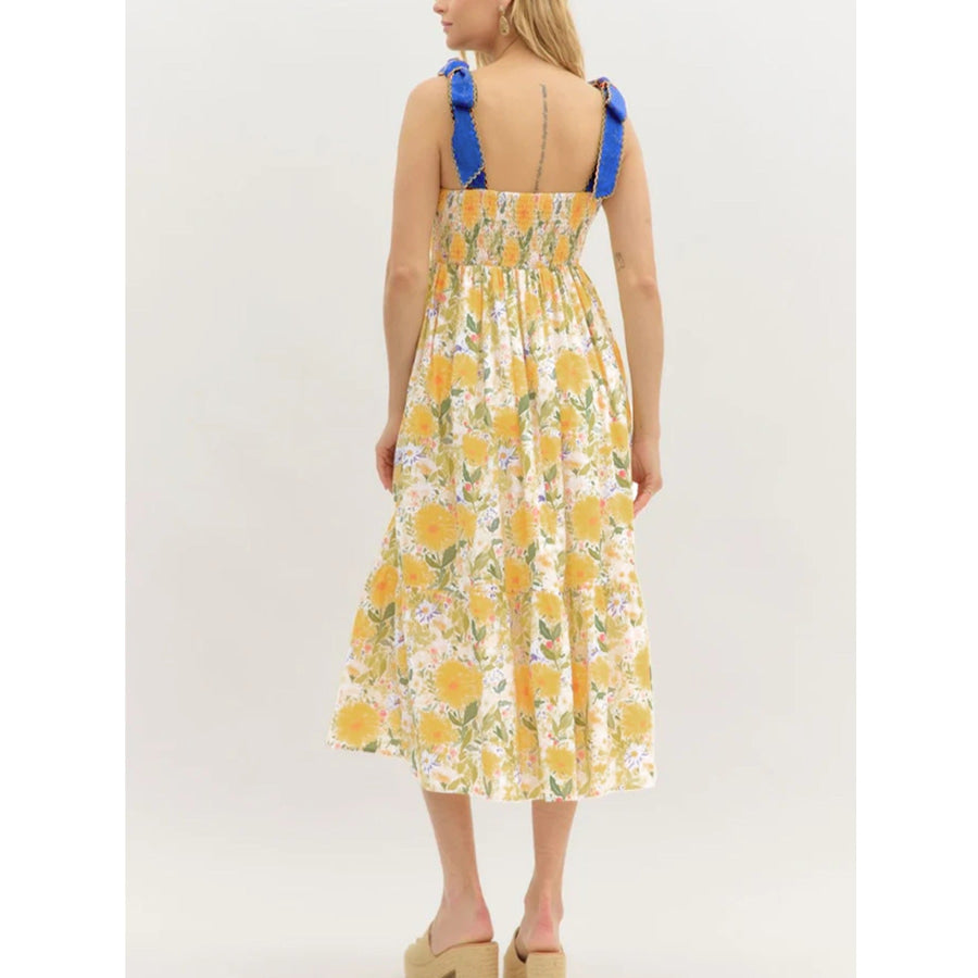 Floral Print Tie-Shoulder Midi Dress Pastel Yellow / S Apparel and Accessories