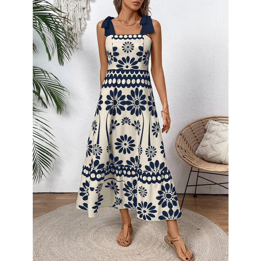 Floral Print Tie-Shoulder Midi Dress Apparel and Accessories