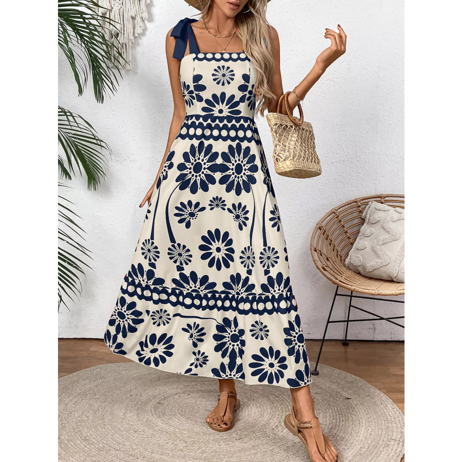 Floral Print Tie-Shoulder Midi Dress Dark Blue / S Apparel and Accessories