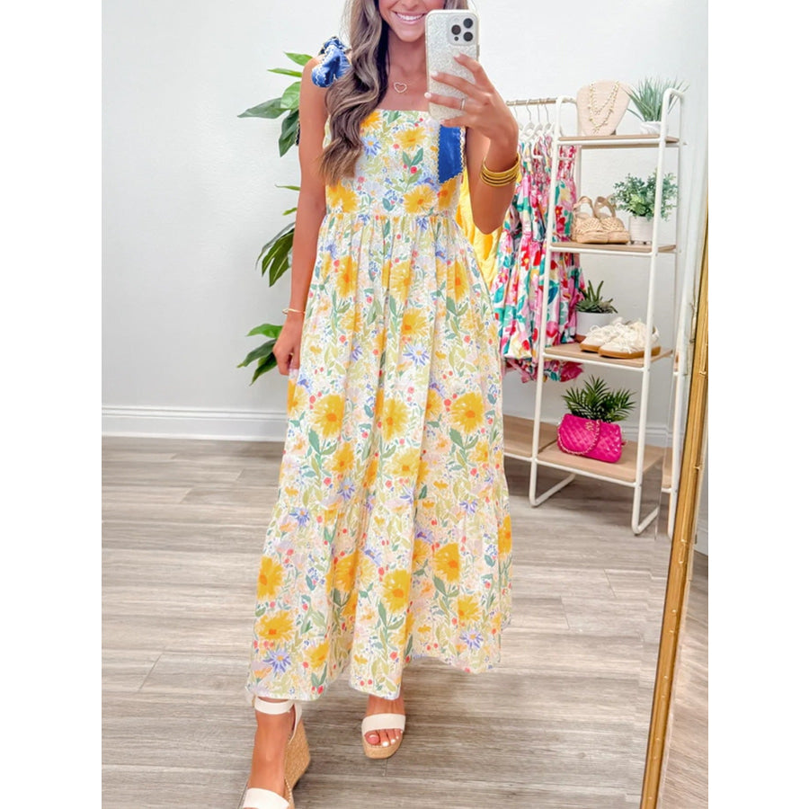 Floral Print Tie-Shoulder Midi Dress Pastel Yellow / S Apparel and Accessories