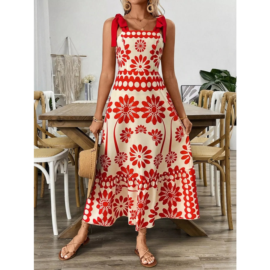 Floral Print Tie-Shoulder Midi Dress Red / S Apparel and Accessories