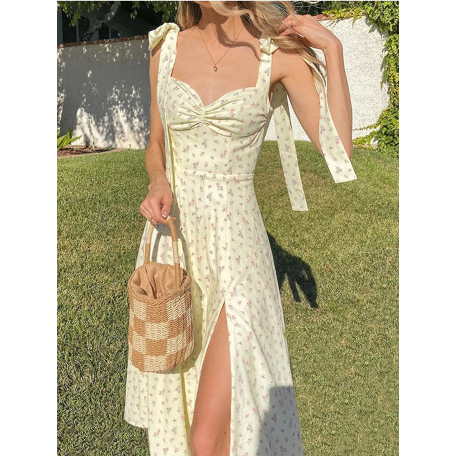 Floral Print Tie Shoulder Slit Midi Dress Apparel and Accessories