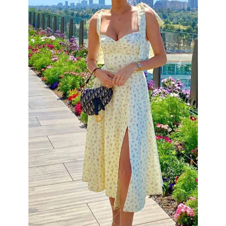 Floral Print Tie Shoulder Slit Midi Dress Apparel and Accessories