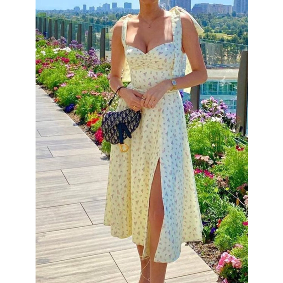 Floral Print Tie-Shoulder Slit Midi Dress Apparel and Accessories