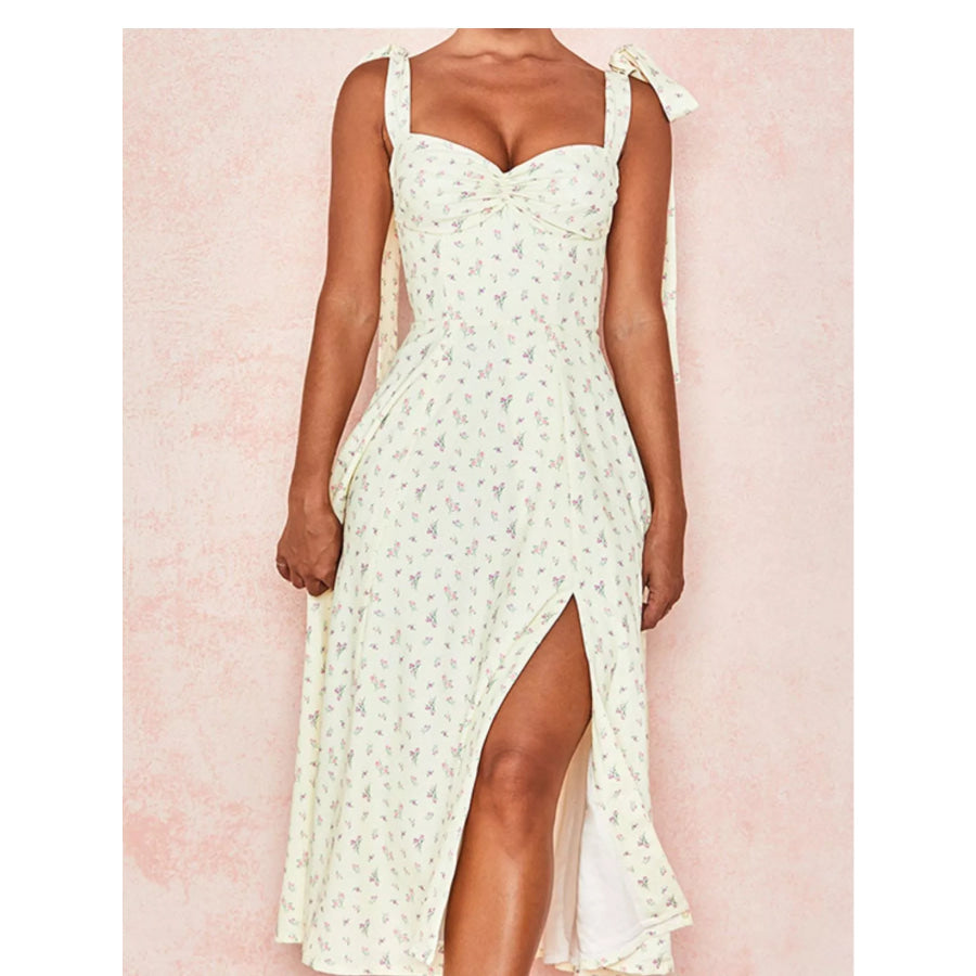 Floral Print Tie Shoulder Slit Midi Dress Apparel and Accessories