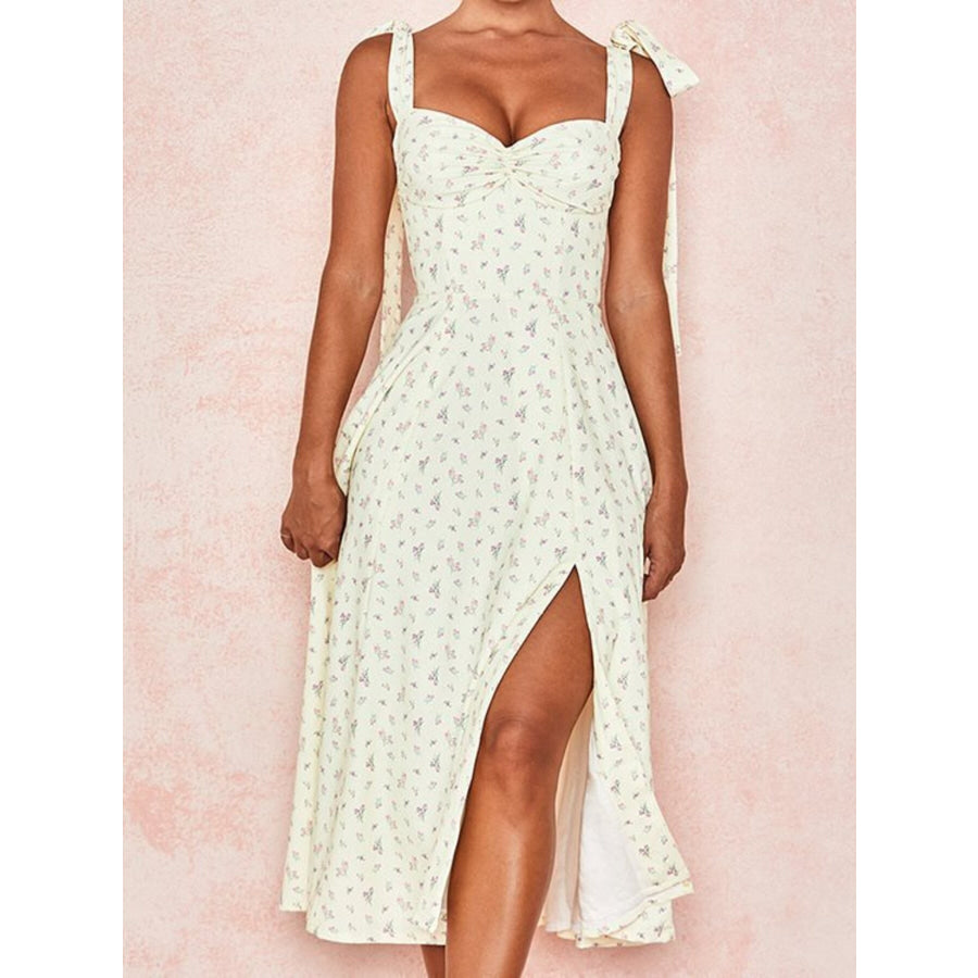 Floral Print Tie-Shoulder Slit Midi Dress Apparel and Accessories