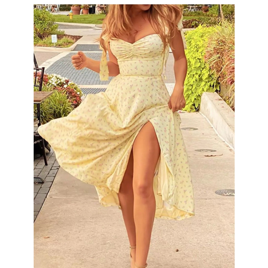 Floral Print Tie Shoulder Slit Midi Dress Cream / S Apparel and Accessories