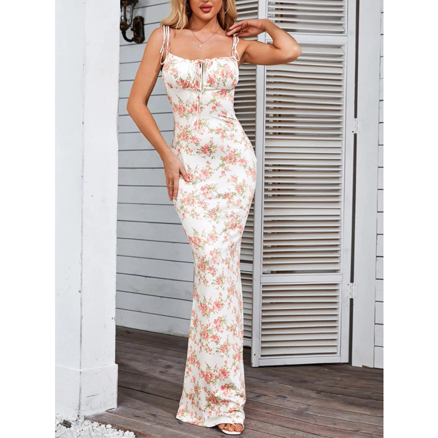 Floral Print Tie Strap Bodycon Maxi Dress Apparel and Accessories