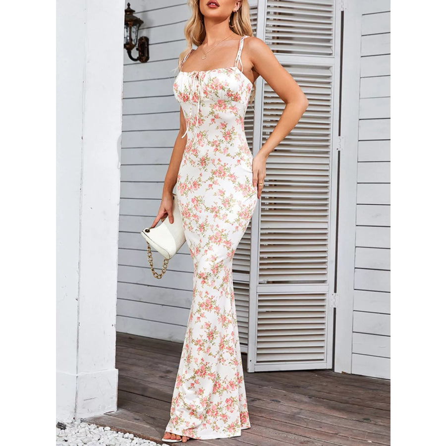 Floral Print Tie Strap Bodycon Maxi Dress Apparel and Accessories