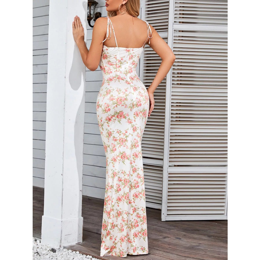 Floral Print Tie Strap Bodycon Maxi Dress Apparel and Accessories