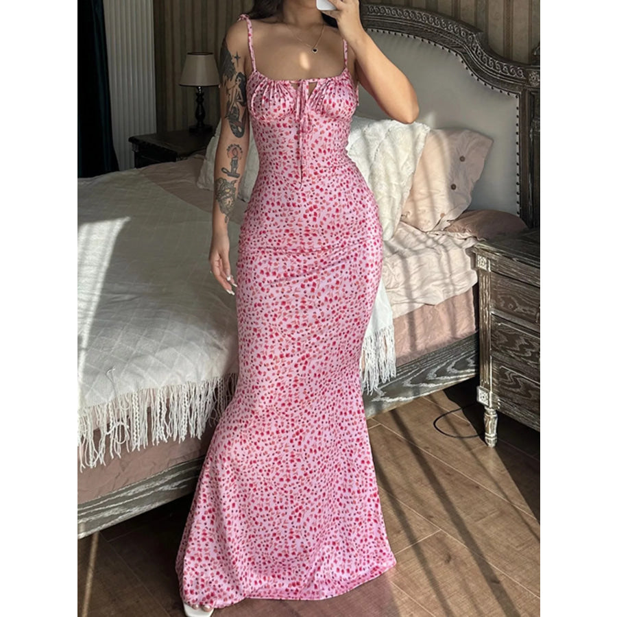 Floral Print Tie Strap Bodycon Maxi Dress Pink / S Apparel and Accessories