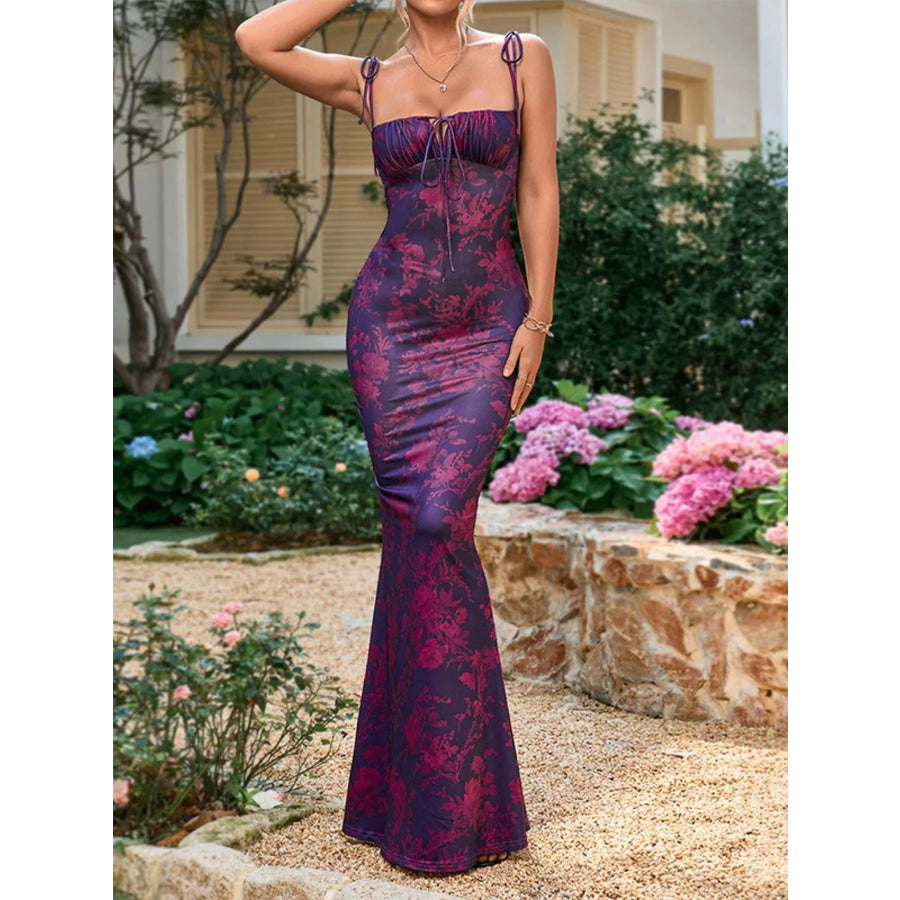 Floral Print Tie Strap Bodycon Maxi Dress Purple / S Apparel and Accessories