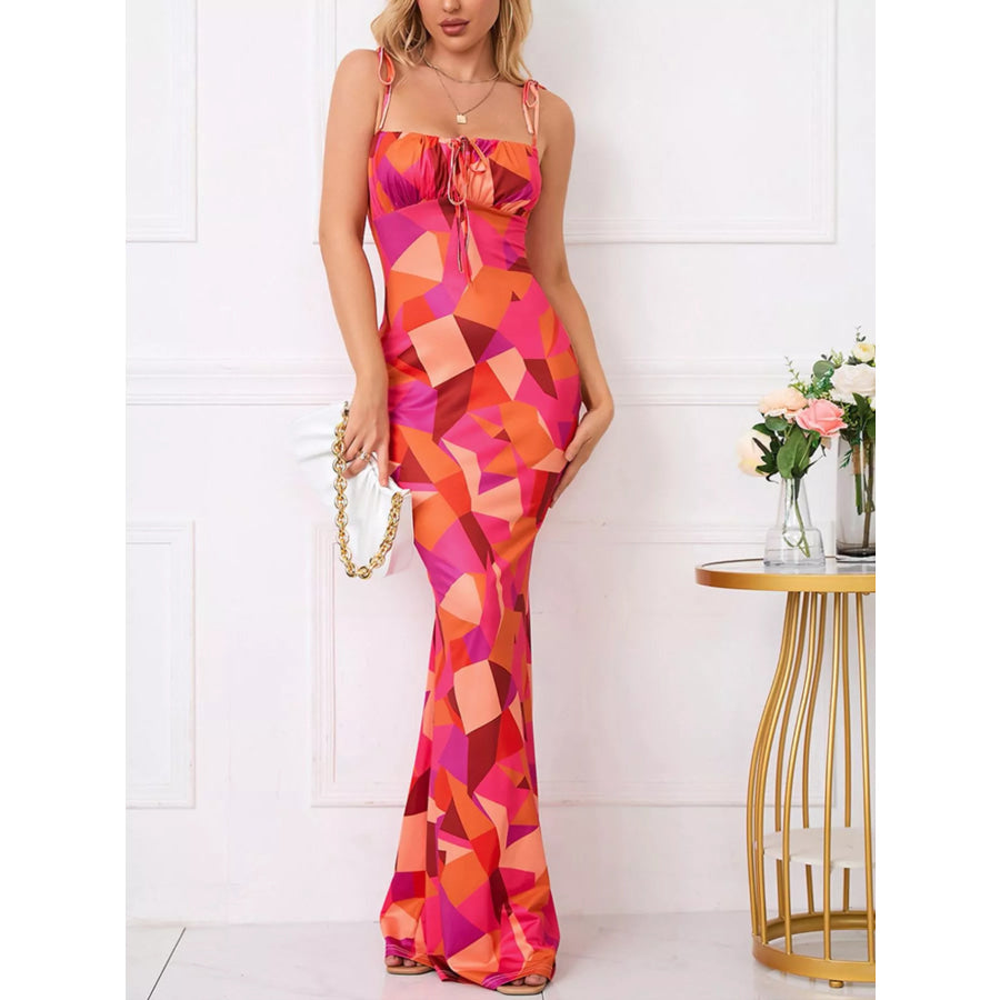 Floral Print Tie Strap Bodycon Maxi Dress Red / S Apparel and Accessories