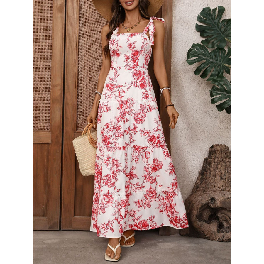 Floral Print Tie Strap Maxi Dress Red / S Apparel and Accessories