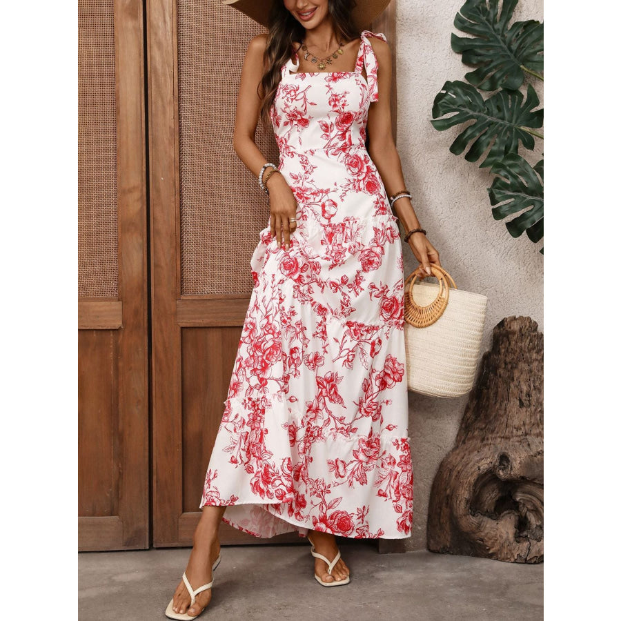 Floral Print Tie Strap Maxi Dress Red / S Apparel and Accessories