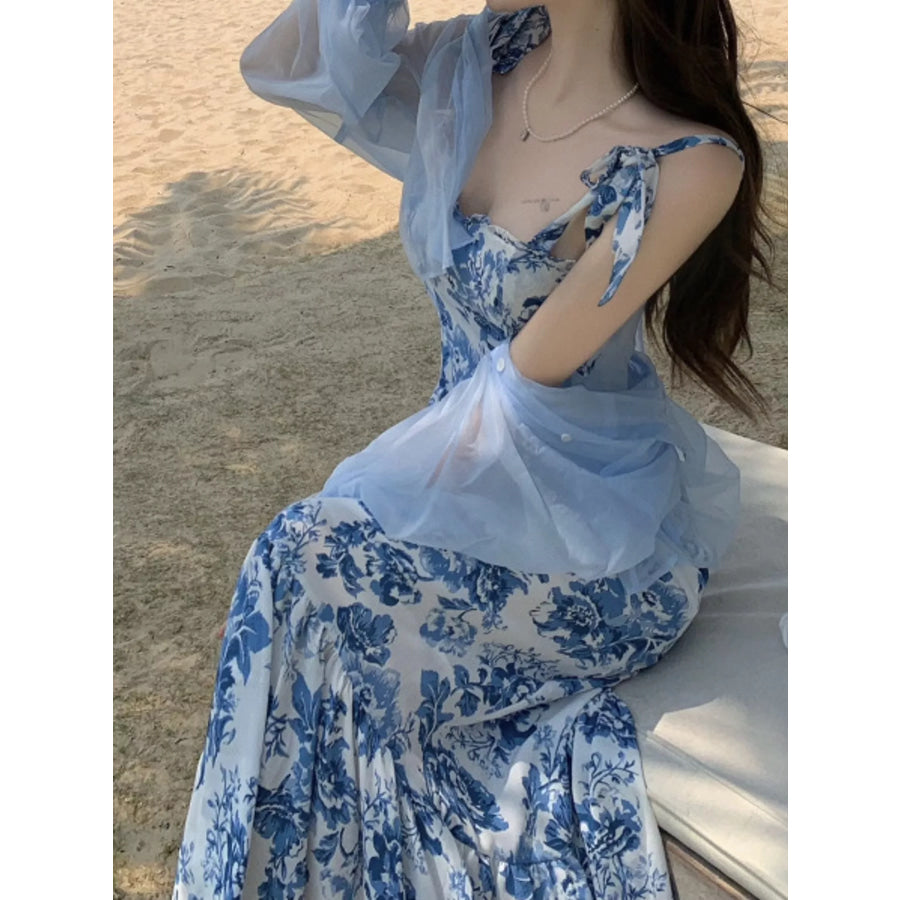 Floral Print Tie-Strap Midi Dress Blue / S Apparel and Accessories