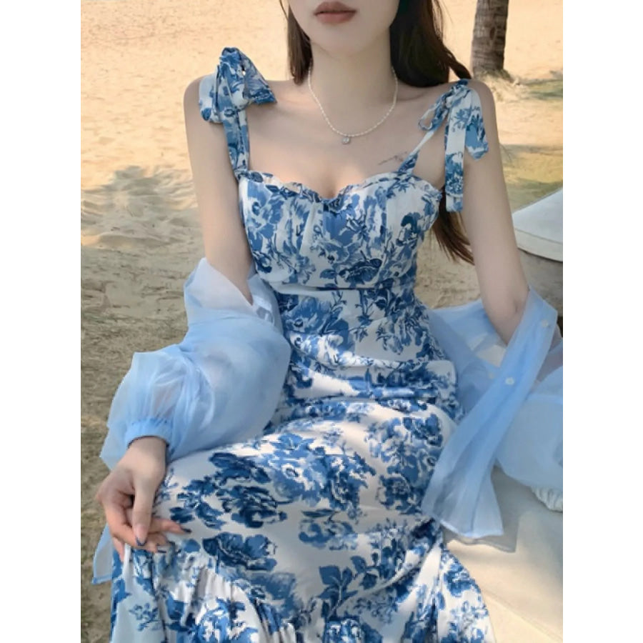 Floral Print Tie-Strap Midi Dress Blue / S Apparel and Accessories