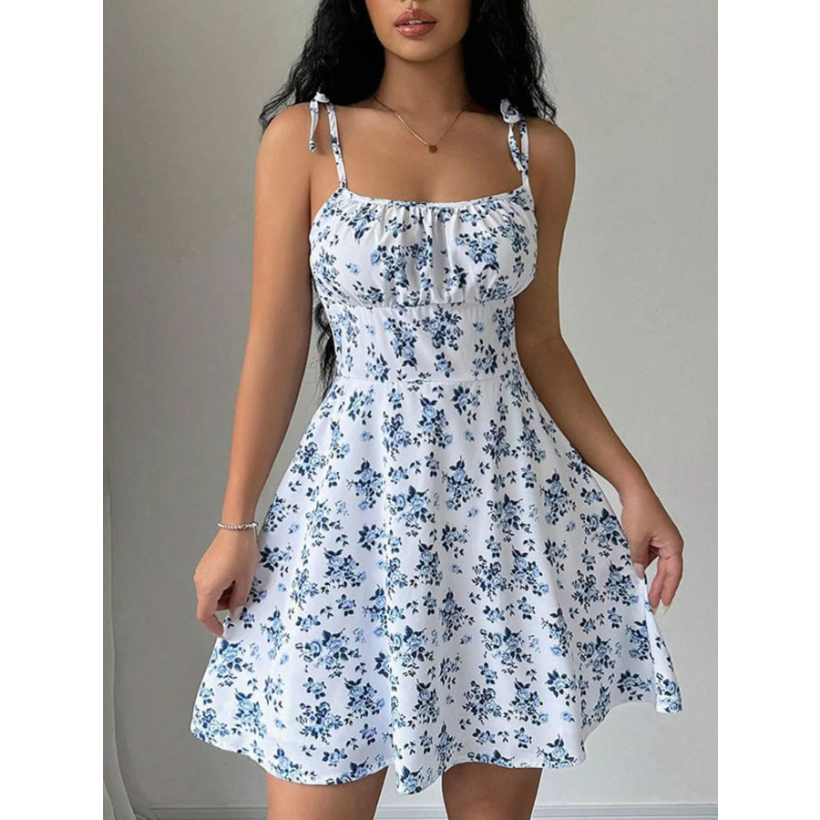 Floral Print Tie Strap Mini Dress White / S Apparel and Accessories