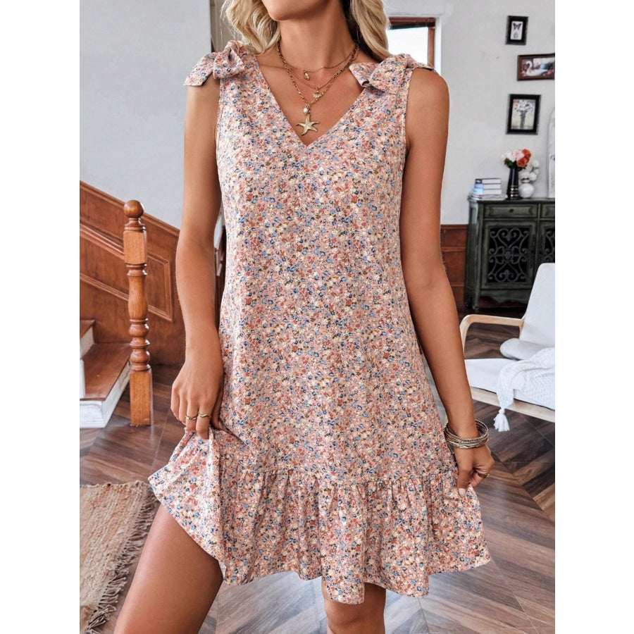 Floral Print Tie Strap Ruffle Hem Mini Dress Nude Pink / S Apparel and Accessories