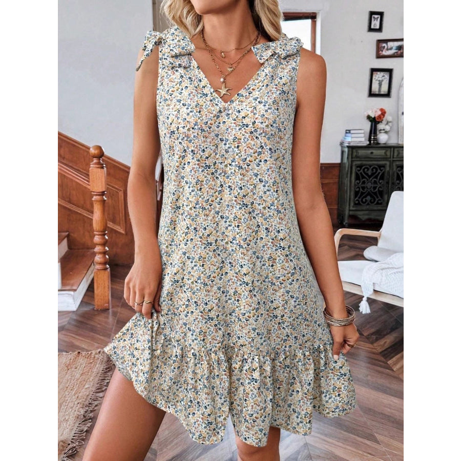 Floral Print Tie Strap Ruffle Hem Mini Dress Off-white / S Apparel and Accessories