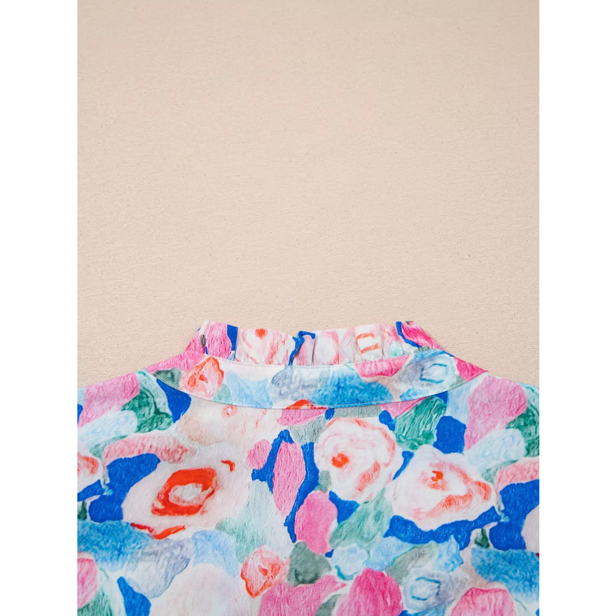 Floral Print Tie V Neck Contrast Detail Ruffle Short Sleeve Blouse Apparel and Accessories