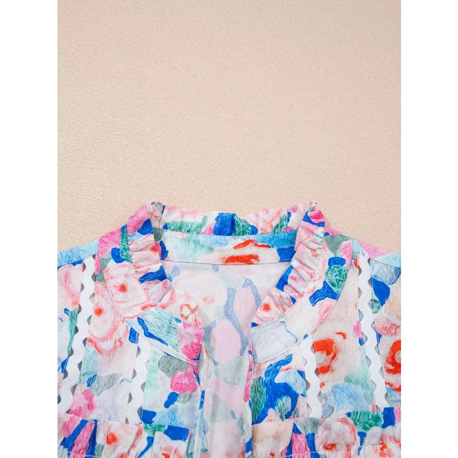 Floral Print Tie V Neck Contrast Detail Ruffle Short Sleeve Blouse Apparel and Accessories