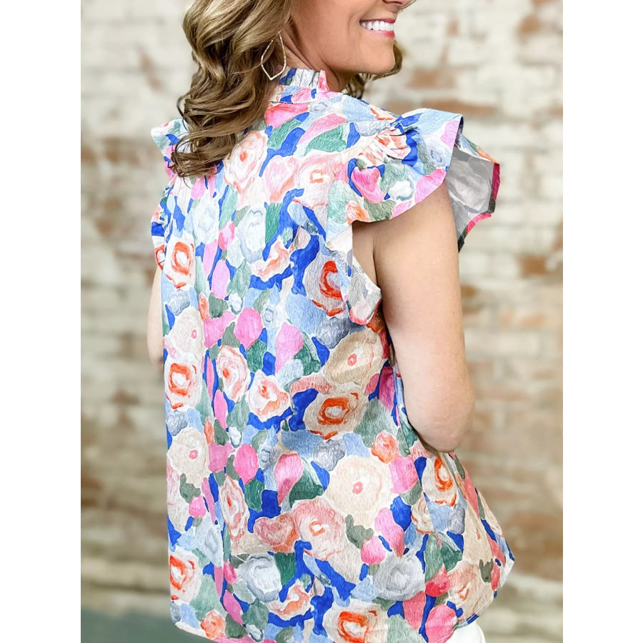 Floral Print Tie V Neck Contrast Detail Ruffle Short Sleeve Blouse Apparel and Accessories