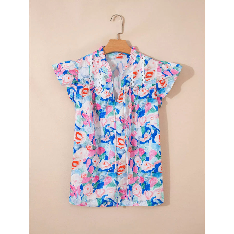 Floral Print Tie V Neck Contrast Detail Ruffle Short Sleeve Blouse Apparel and Accessories