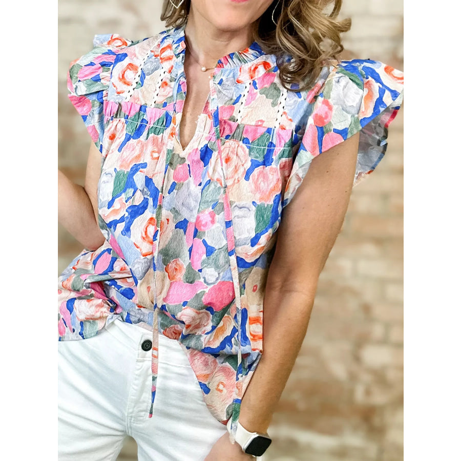 Floral Print Tie V Neck Contrast Detail Ruffle Short Sleeve Blouse Floral / S Apparel and Accessories