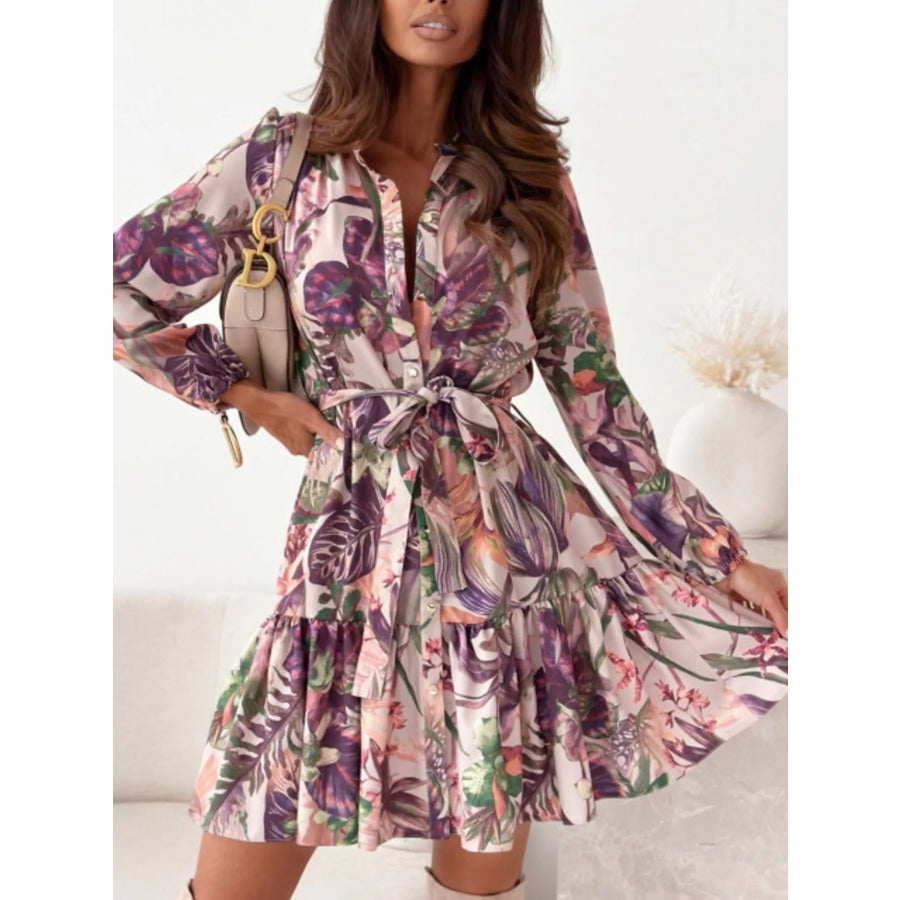 Floral Print Tie Waist Mini Dress Beige / S Apparel and Accessories