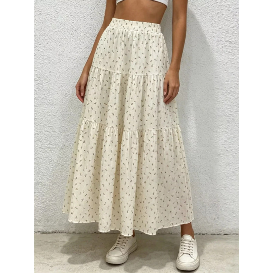 Floral Print Tiered Flowy Maxi Skirt Beige / XS Apparel and Accessories