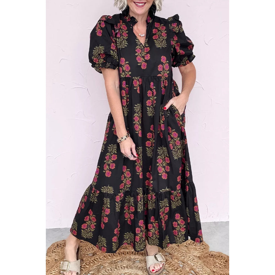Floral Print Tiered Maxi Dress Black / S Apparel and Accessories