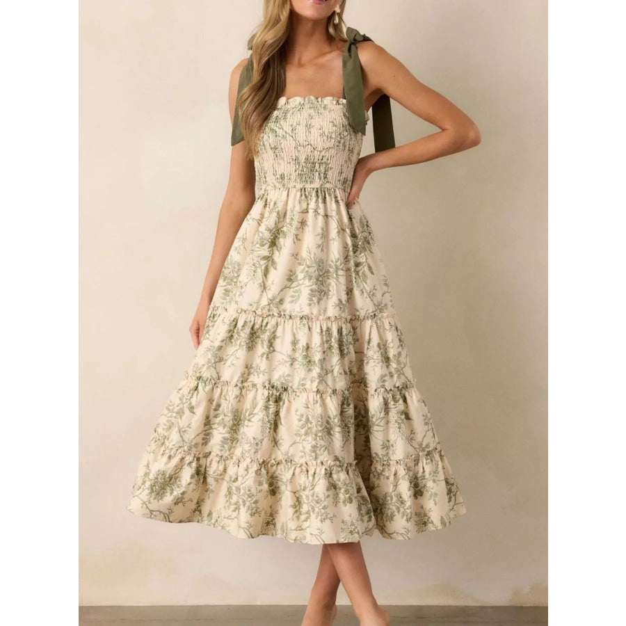 Floral Print Tiered Midi Dress with Tie Straps Apparel and Accessories