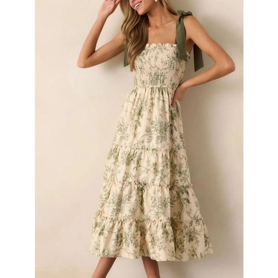 Floral Print Tiered Midi Dress with Tie Straps Apparel and Accessories