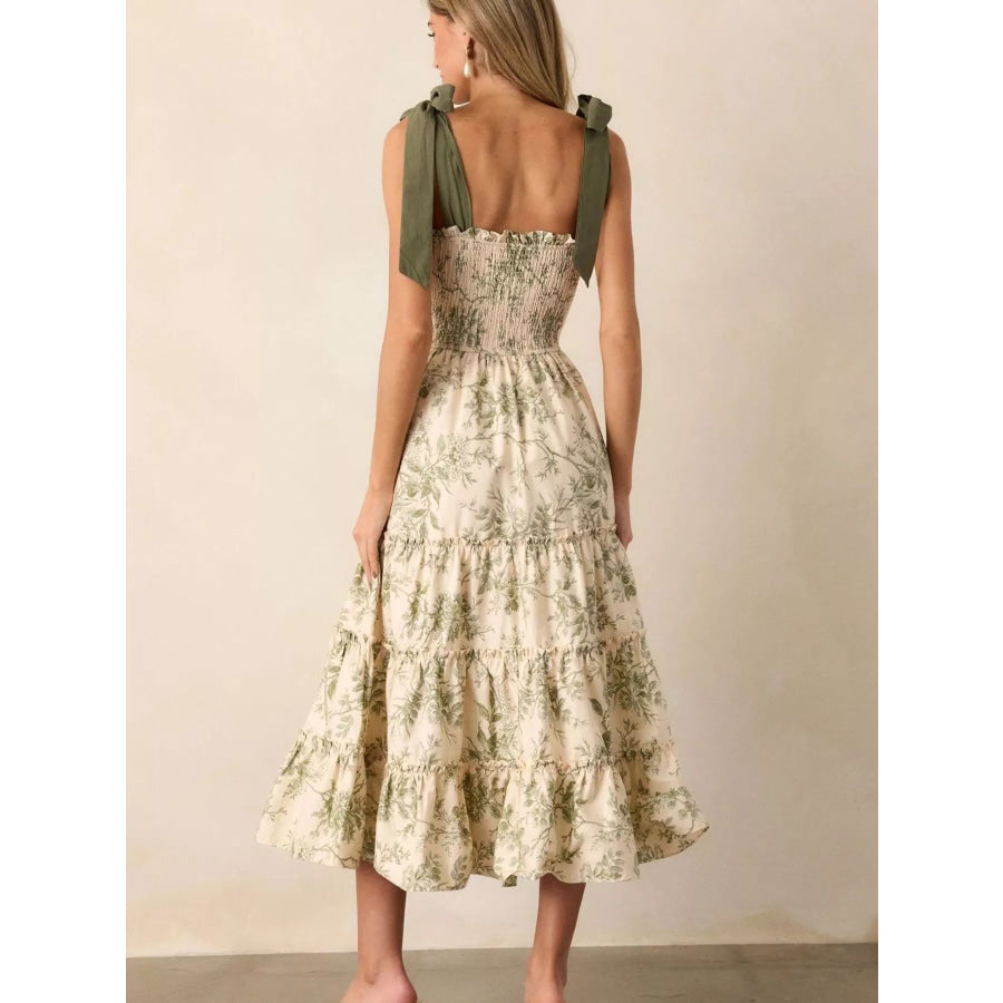 Floral Print Tiered Midi Dress with Tie Straps Apparel and Accessories