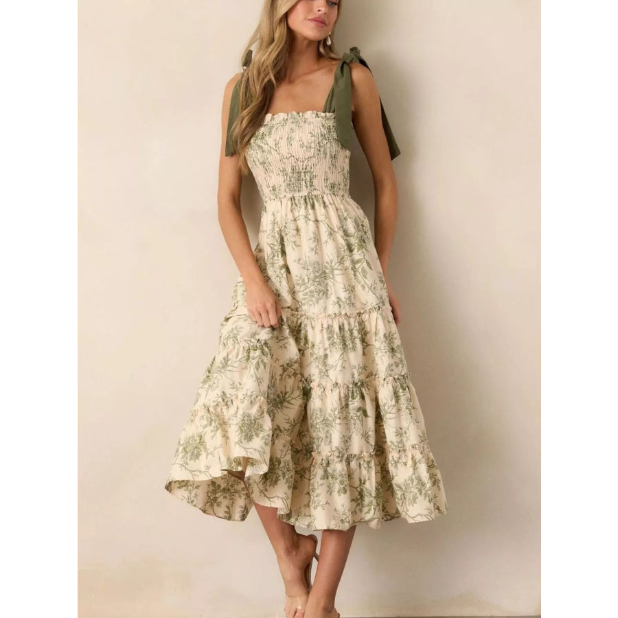 Floral Print Tiered Midi Dress with Tie Straps Sage / S Apparel and Accessories