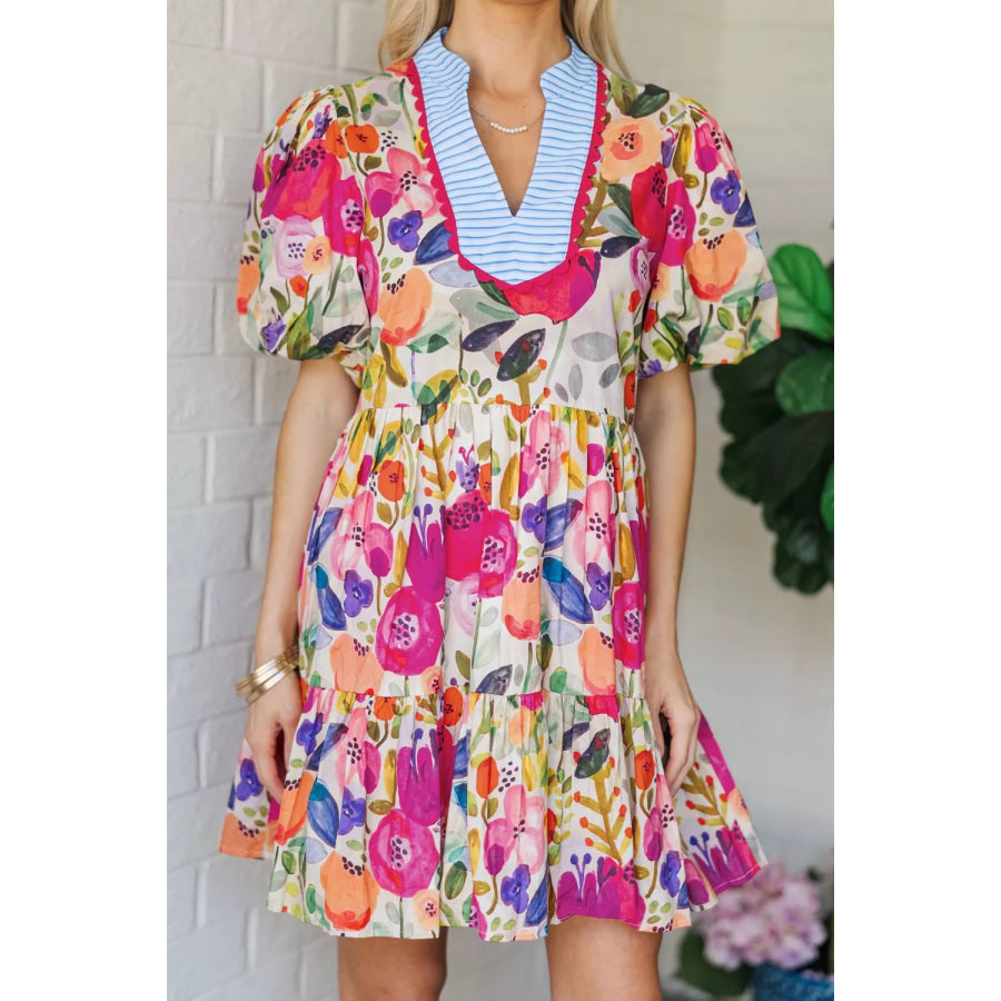Floral Print Tiered Mini Dress Floral / S Apparel and Accessories