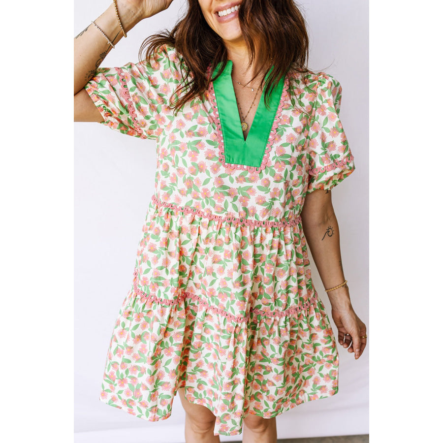 Floral Print Tiered Mini Dress Floral / S Apparel and Accessories