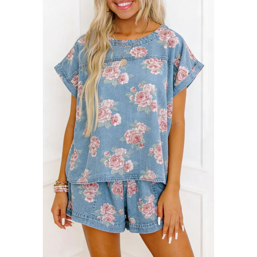 Floral Print Top and Shorts Denim Set Apparel and Accessories