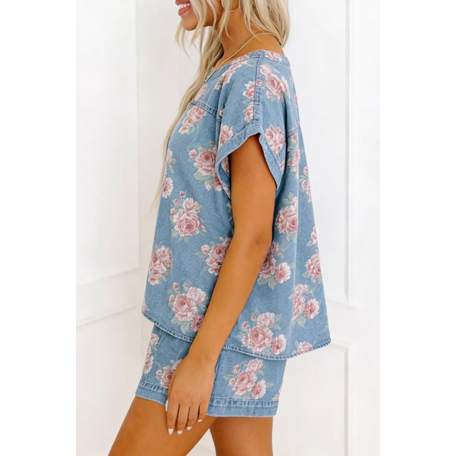 Floral Print Top and Shorts Denim Set Apparel and Accessories