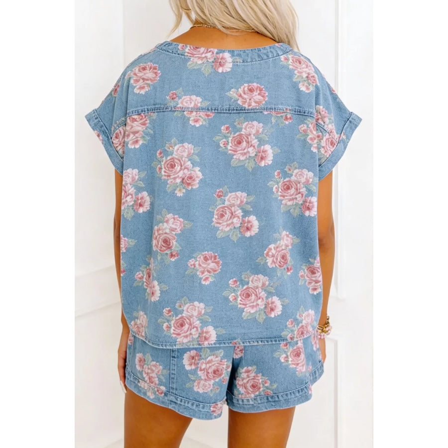 Floral Print Top and Shorts Denim Set Apparel and Accessories