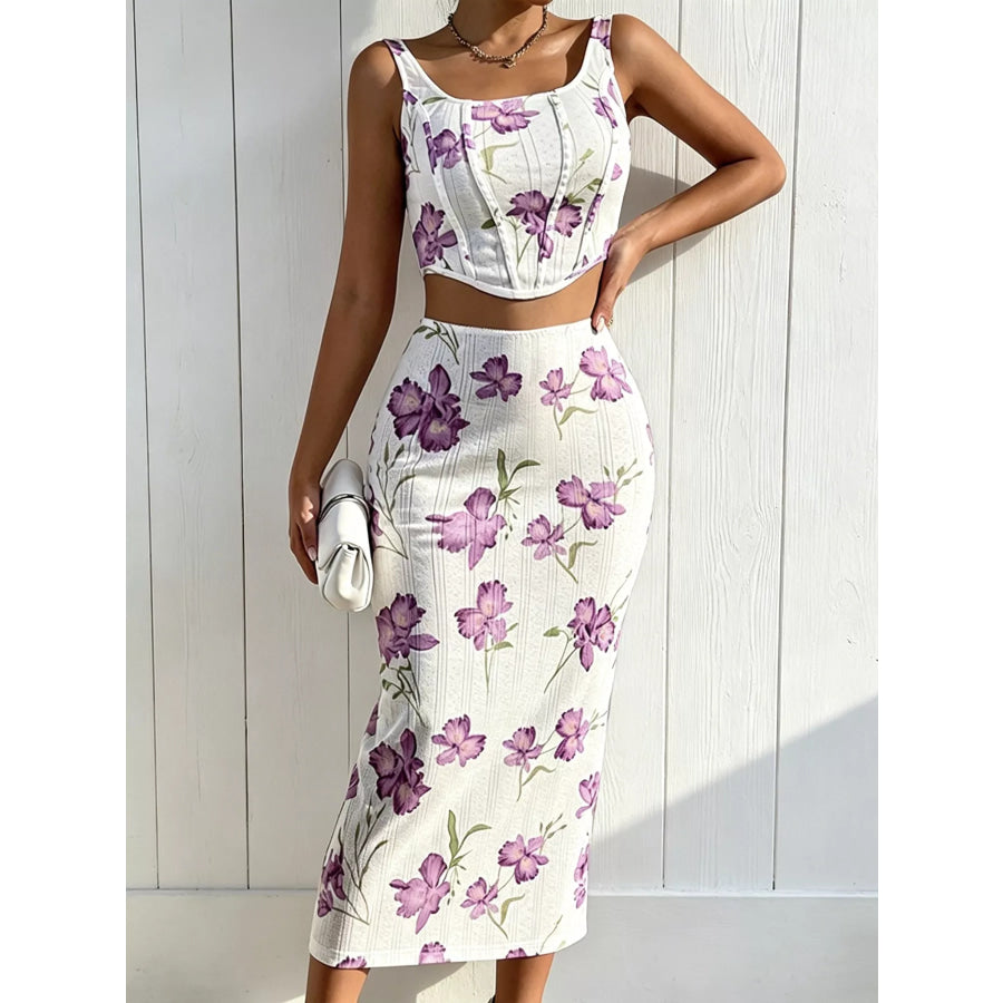 Floral Print Top & Bodycon Skirt Set White / S Apparel and Accessories