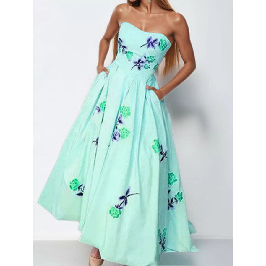 Floral Print Tube Maxi Dress Mint Blue / S Apparel and Accessories