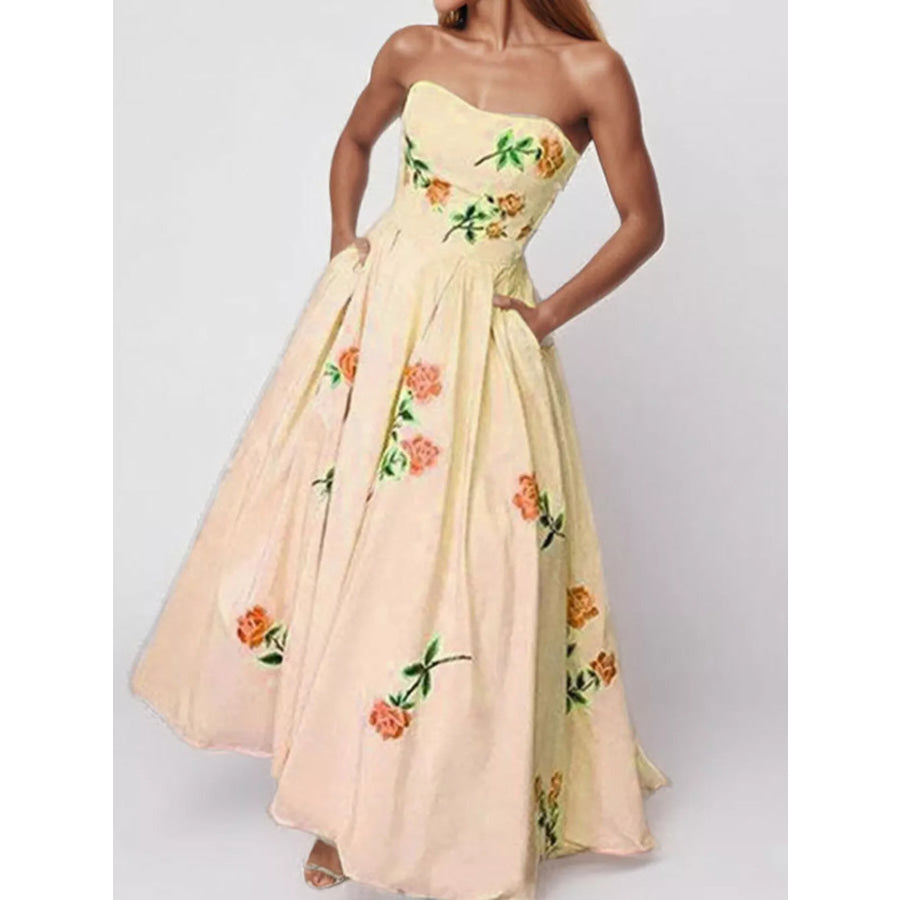 Floral Print Tube Maxi Dress Tan / S Apparel and Accessories