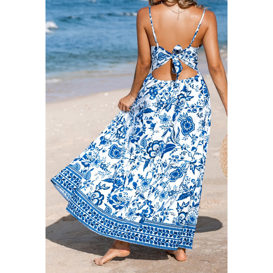 Floral Print Twisted Front Cutout Maxi Dress Dusty Blue / S Apparel and Accessories