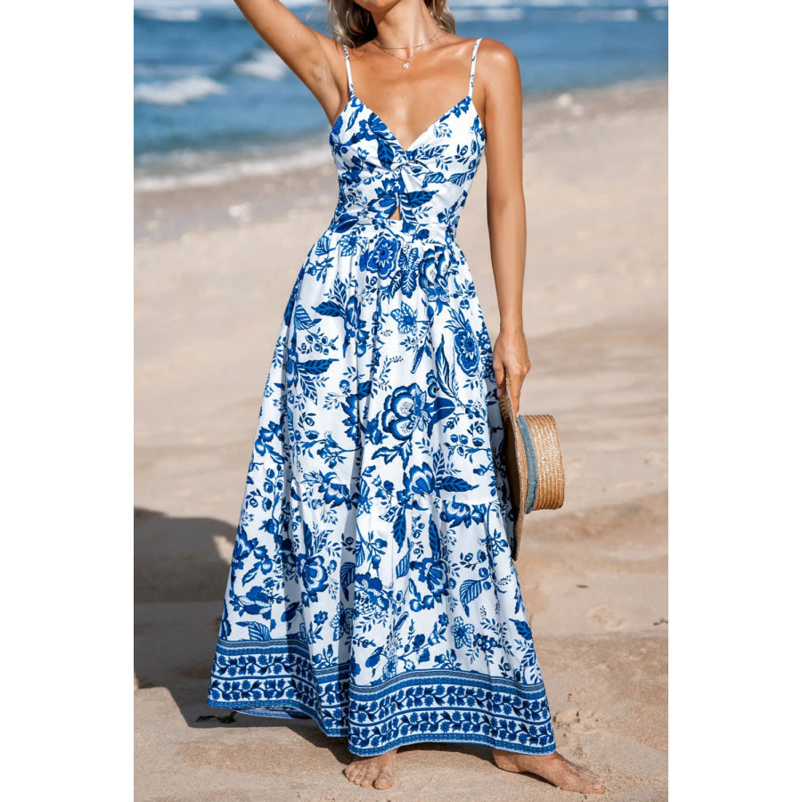 Floral Print Twisted Front Cutout Maxi Dress Dusty Blue / S Apparel and Accessories