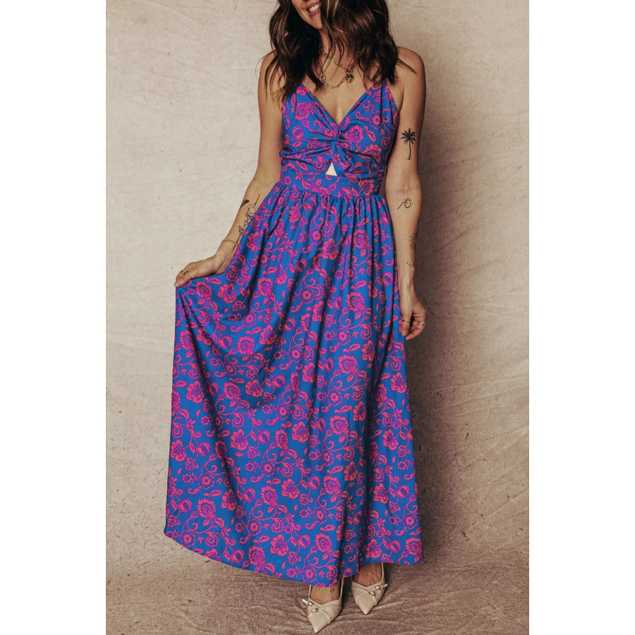 Floral Print Twisted V Neck Tied Backless Maxi Dress Apparel and Accessories