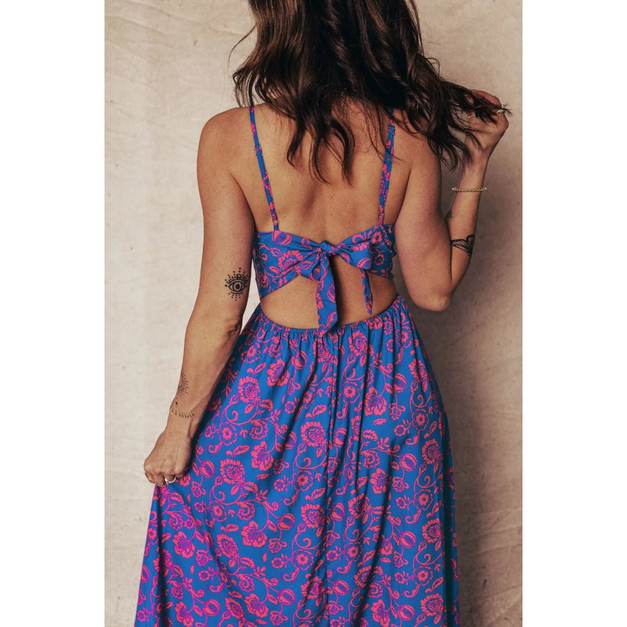 Floral Print Twisted V Neck Tied Backless Maxi Dress Apparel and Accessories