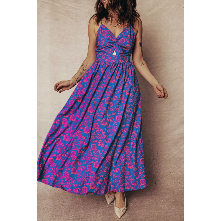 Floral Print Twisted V Neck Tied Backless Maxi Dress Apparel and Accessories