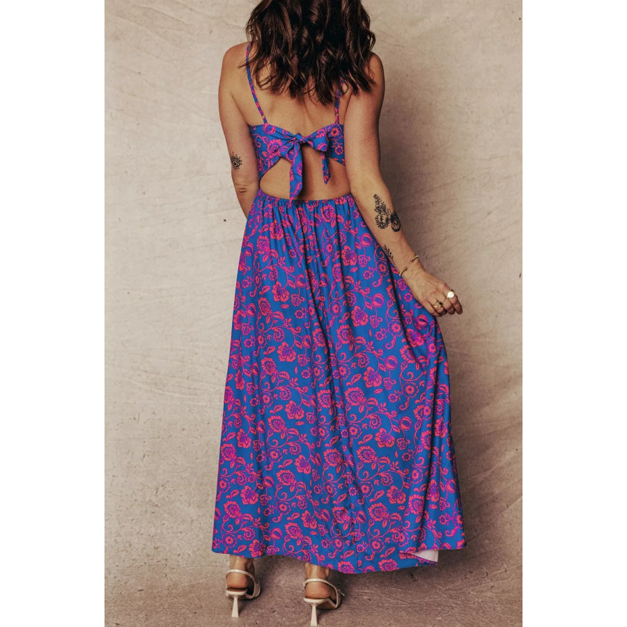 Floral Print Twisted V Neck Tied Backless Maxi Dress Apparel and Accessories